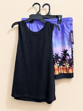 Kids Black Tank Top with Purple Sunset Palm-Print Swim Trunks